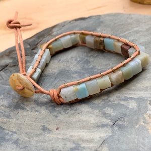 ✨AMAZONITE + LEATHER SQUARE BOHO BRACELET 6mm✨